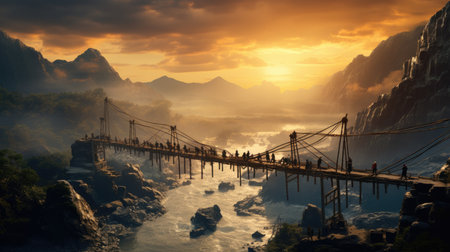 Suspension bridge over the river at sunset. 3d renderingの素材
