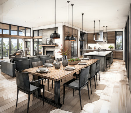 3d rendering of modern kitchen and dining room in a luxury houseの素材