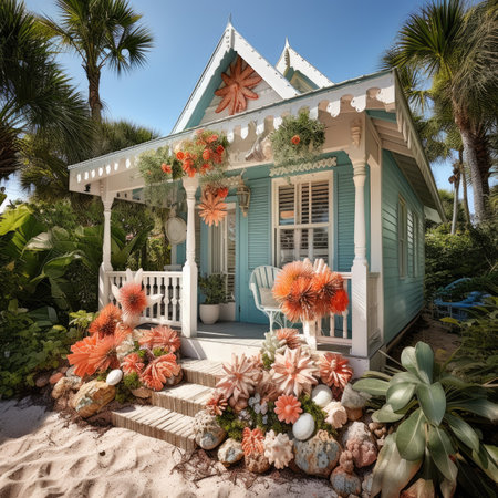 Beautiful tropical house on the beach with palm trees and flowers.の素材