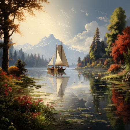 Sailing boat on the lake with autumn forest and mountains in backgroundの素材