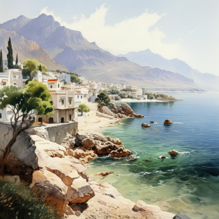 Landscape with sea and mountains in the background. Collage.の素材