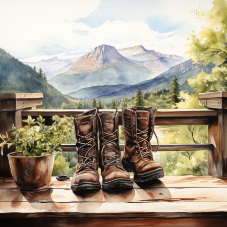 Beautiful mountain landscape with boots on a wooden table. Vintage style.の素材