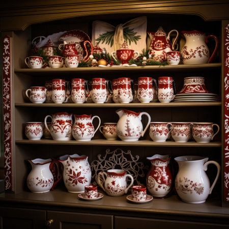 Ceramic jugs and crockery on a shelf.の素材
