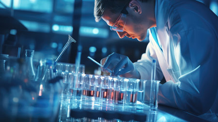 Young male scientist working in laboratory. Science and technology concept. Double exposureの素材