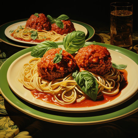 Spaghetti with meatballs and tomato sauce on a plate. Toned.の素材
