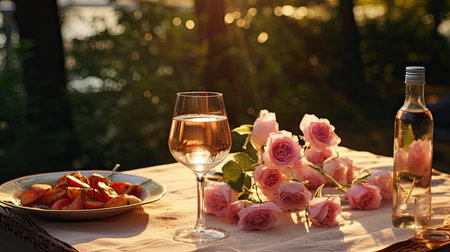 Wine glasses with rose flowers on the table in the garden.の素材