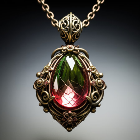 jewelry pendant with precious stones on a dark background.の素材