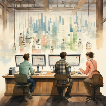 Business people working on computers in a modern office. Digital painting.の素材