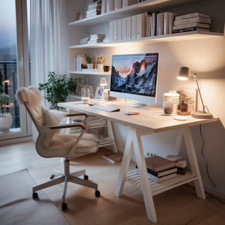 Modern home office interior. Workplace with computer, bookshelf and armchairの素材