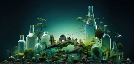 Glossy landscape with glass bottles. 3D illustration. Fantasy landscape.の素材