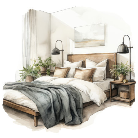 Modern bedroom interior. Digital watercolor painting on canvas. Hand drawn illustration.の素材