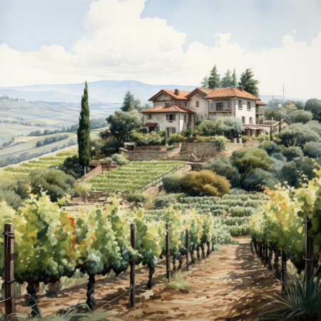 Vineyard in Tuscany, Italy. Vintage painting styleの素材