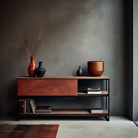 Interior of modern living room with wooden commode, books, vase and concrete wall. 3d renderの素材