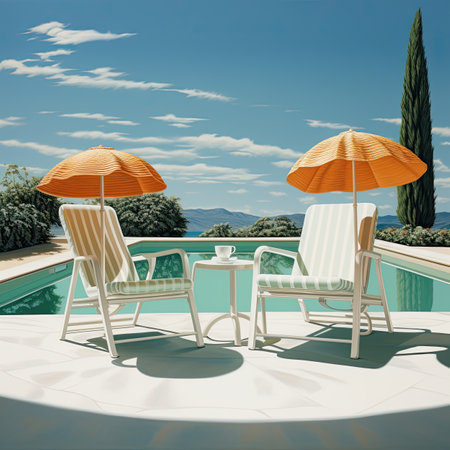 Swimming pool with sun loungers and umbrellas.の素材