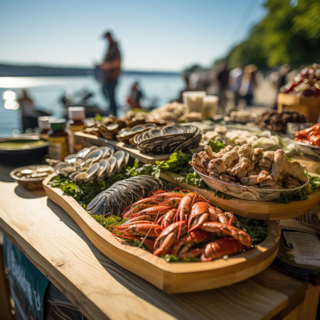 Seafood platter on a wooden table in a restaurant.の素材