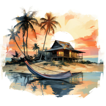 Tropical beach with wooden house at sunset. Vector illustration.の素材
