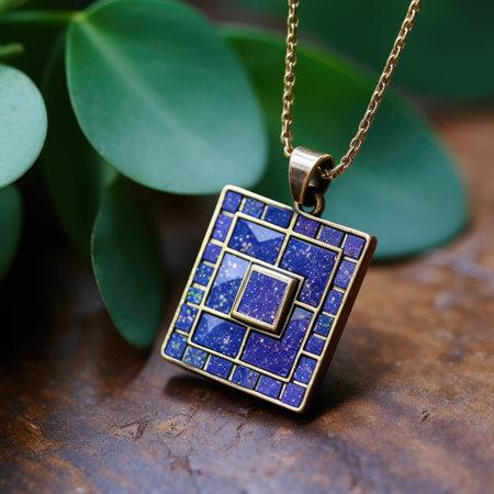 jewelry pendant with blue ceramic tile on a dark backgroundの素材