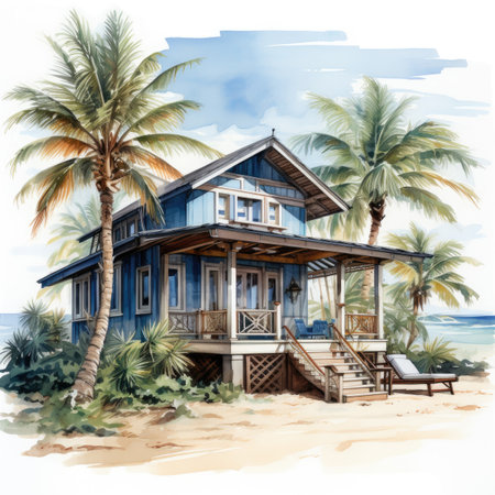 Watercolor illustration of a wooden house on the beach and palm treesの素材
