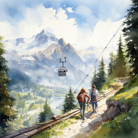 Digital painting of a couple in the cable car on the background of mountainsの素材