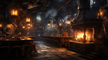 Interior of a medieval gothic church. 3D renderingの素材