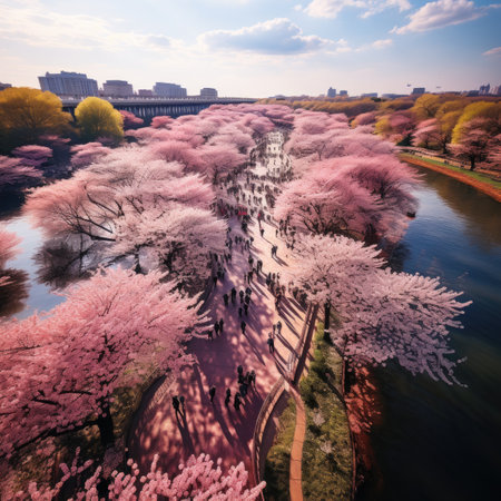 Cherry blossoms in full bloom in the city of Tokyo, Japan.の素材