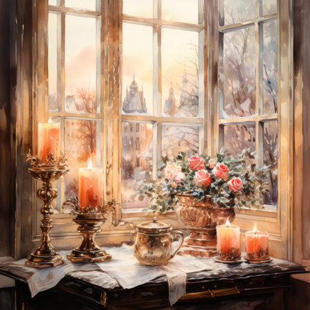 Vintage candlesticks on the background of a window with a winter landscape.の素材