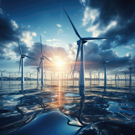 wind turbines in the sea at sunset.の素材