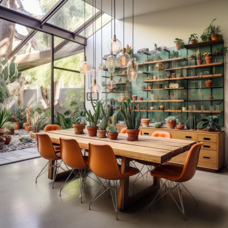 Interior of a modern dining room with wooden table and orange chairsの素材