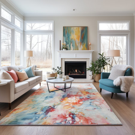 Interior of a living room with a fireplace and a blue armchairの素材