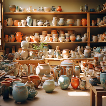 Pottery in a pottery shop. Pottery is a traditional way of selling crafts.の素材