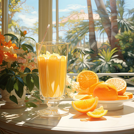 A glass of fresh orange juice and oranges on the table in the gardenの素材