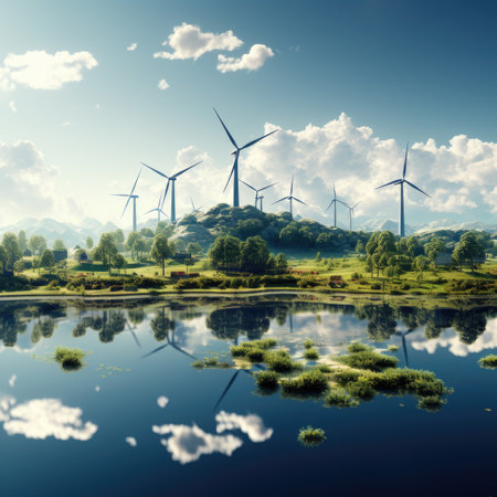 Wind turbines on the hillside with reflection in water.の素材