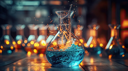 Laboratory glassware with colorful liquid on the background of bokehの素材