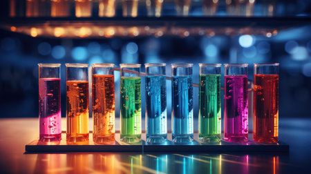 Test tubes with colorful liquids on the table in the laboratoryの素材