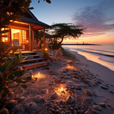 Sunset on the beach with sun loungers and palm treesの素材