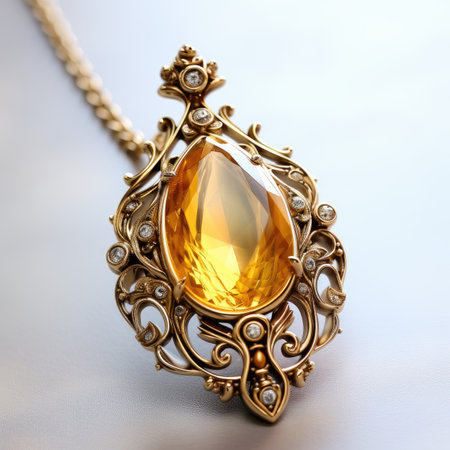 golden pendant with precious stones on a white background closeupの素材