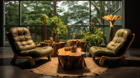 Comfortable armchairs in a modern living room with a large windowの素材