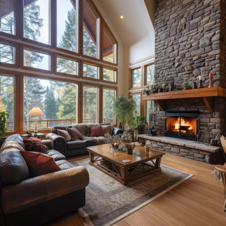 Luxury living room with fireplace and comfortable sofa.の素材