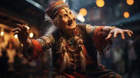 Old hippie woman dancing in the street at night.の素材