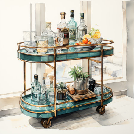Tray with bottles of alcoholic drinks and ice cubes. Vintage style.の素材