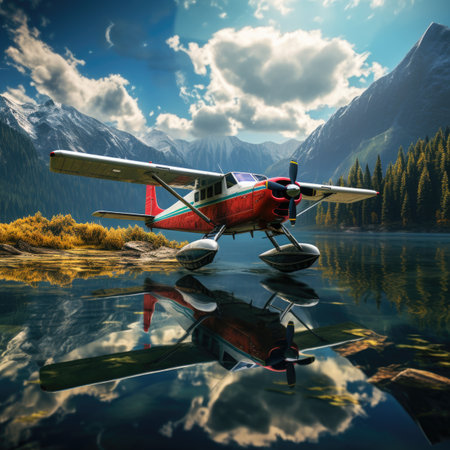 Airplane on the lake in the mountains.の素材