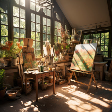 Interior of an artist's studio with a canvas and a paletteの素材