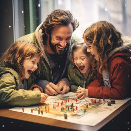 Happy family playing board games at home. Mother, father and children having fun together.の素材
