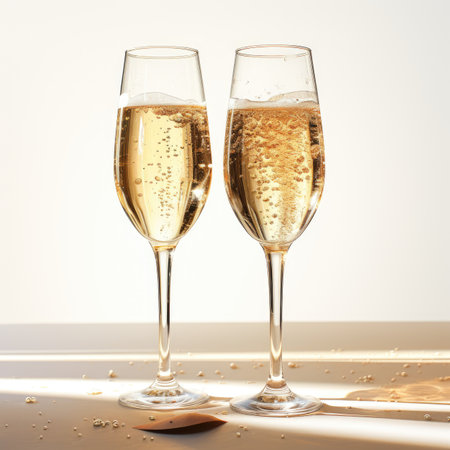 Two glasses of champagne on a white background with splashes of waterの素材