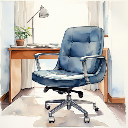Illustration of an office chair with a table and a lamp in the backgroundの素材