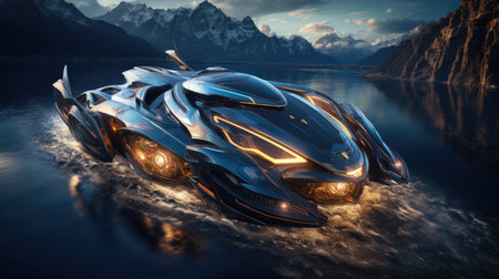 a futuristic car with mountains in the background.の素材