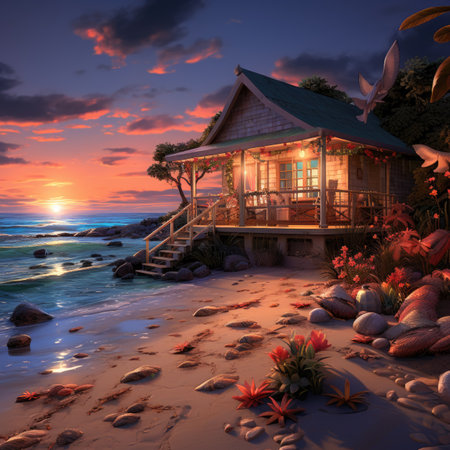 a wooden house on a tropical beach at sunsetの素材