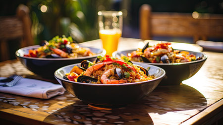 Seafood paella with mussels and shrimp served on a wooden tableの素材