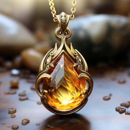 Jewelry pendant with amber on a dark background closeupの素材