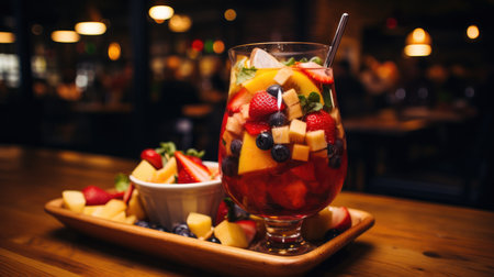 Fruit sangria in a glass on a wooden table in a restaurantの素材